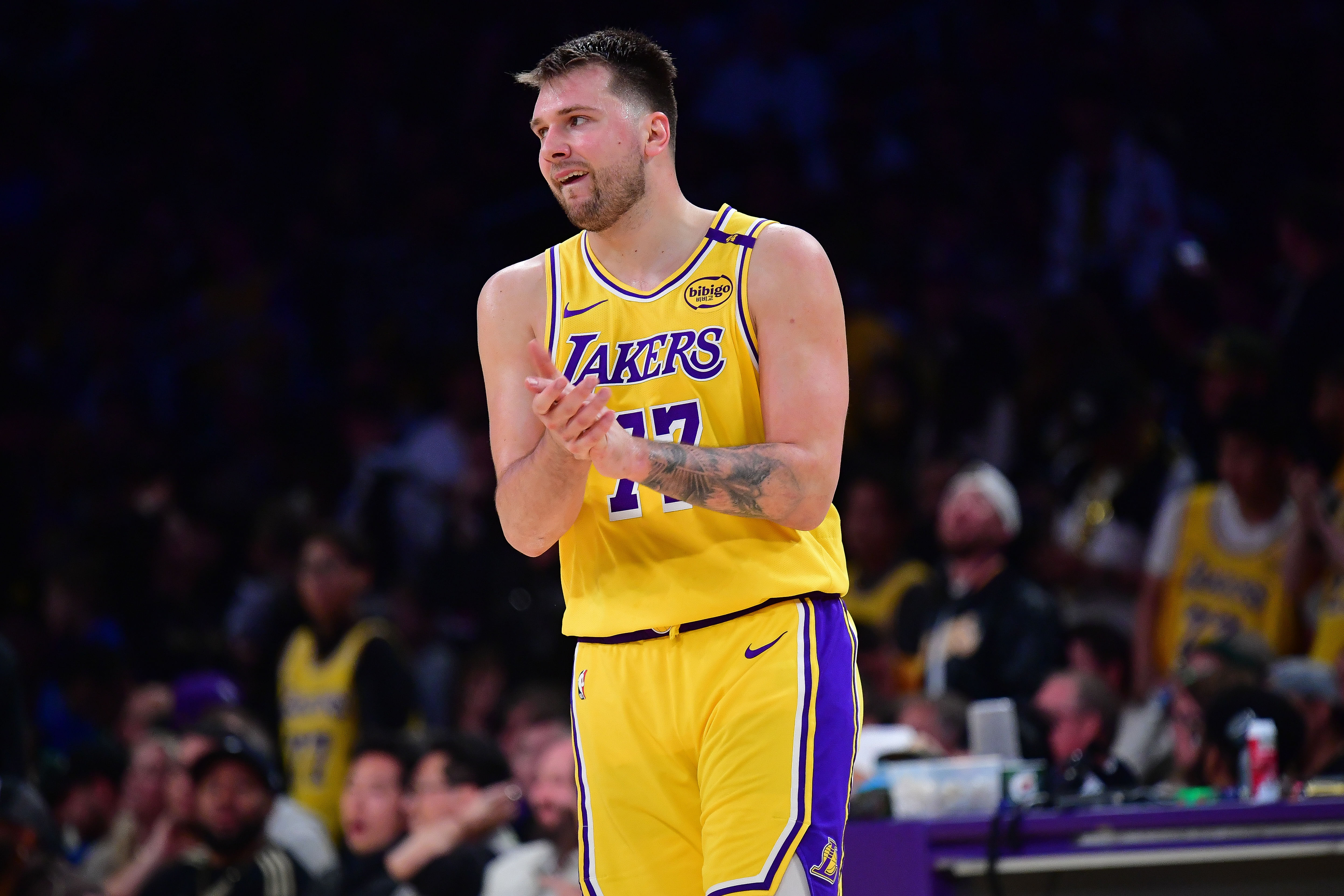 Los Angeles Lakers guard Luka Doncic (77) reacts during the second half in game five of first round for the 2025 NBA Playoffs at Crypto.com Arena. - Source: Imagn